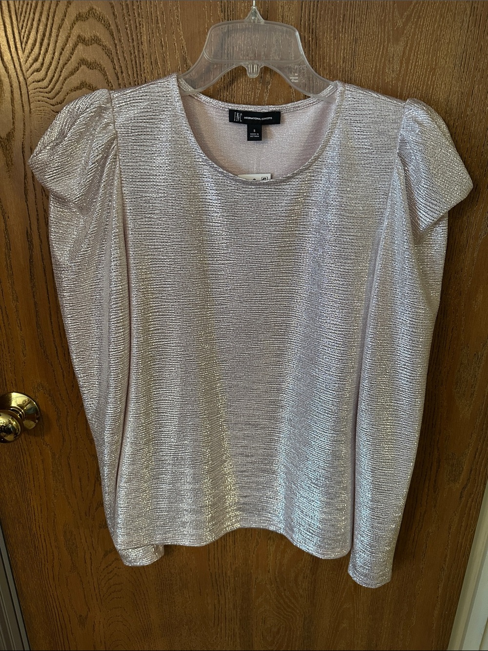INC International Concepts Metallic Silver Puff Shoulder Long Sleeve Top